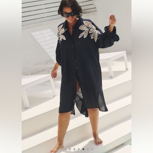 Anthropologie Other - Anthro Embroidered Black Cover Up Dress Cotton Oversized Boho Beach